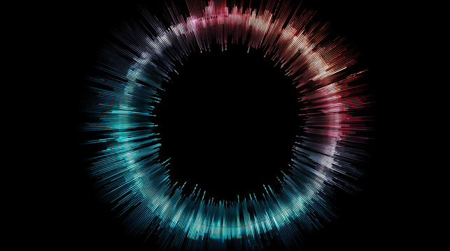 Abstract ring of light with blue and red hues against a black background with dark space