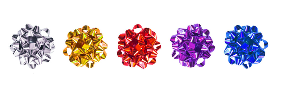 Set of colorful silver, golden, red, purple and blue shiny gift bows and ribbons isolated on white or transparent background, png file