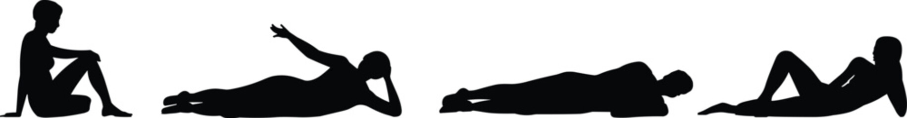 Silhouette vector of four people resting in various relaxed sitting and lying down poses, symbolizing calm, leisure, and relaxation © Shahariar's World