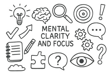Fototapeta premium Mental Clarity Icons. Hand-drawn doodle illustration Mental clarity and focus light bulb, brain, magnifying glass, target,