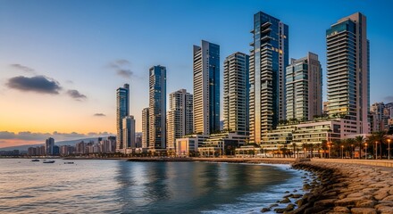 Obraz premium Modern Coastal Cityscape at Dusk with High-Rise Buildings
