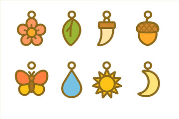 Nature Amulets Collection. Flat vector mini-illustrations nature amulets in colors children's illustrations: flower pendant, leaf