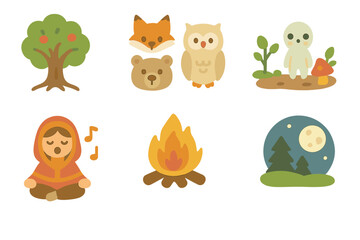 Obraz premium Nature Ritual Icons. Flat vector mini-illustrations nature ritual in colors children's illustrations: sacred tree, animal totems,