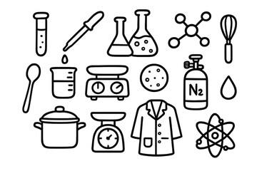 Obraz premium Molecular Gastronomy Icons. Hand-drawn doodle illustration Molecular gastronomy test tube, pipette, flask, molecular structure,