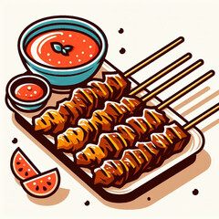 Cartoon Style Indonesian Chicken Satay with Peanut Sauce Culinary Dish
