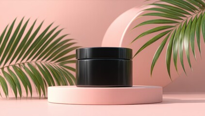 Black cosmetic jar on pink podiums, tropical leaves