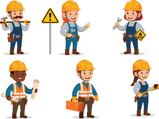 Cartoon construction workers with helmets, tools and safety equipment, builder characters illustration set for engineering, construction, safety posters and education