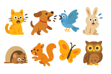 Obraz premium Panic Animal Icons. Flat vector mini-illustrations panic animals in colors children's illustrations: scared cat, barking dog,
