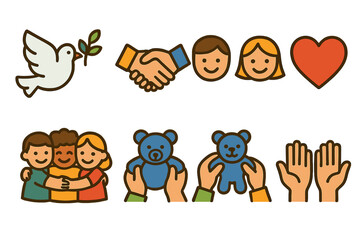Peaceful Kids Icons. Flat vector mini-illustrations peaceful solutions in colors children's illustrations: peace dove, olive