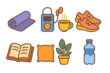 Recharge Activity Icons. Flat vector mini-illustrations recharge activities in colors children's illustrations: yoga mat, music