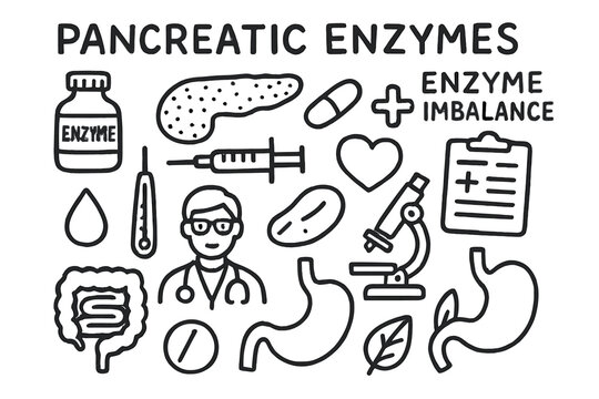 Pancreas Health Doodles. Hand-drawn doodle illustration pancreatic enzymes enzyme imbalance pancreas, enzyme bottle, syringe, pill