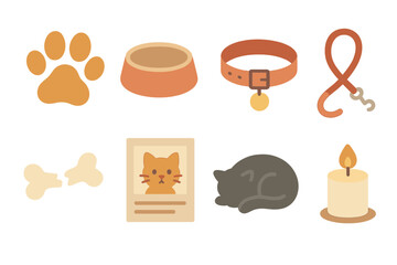 Pet Loss Icons. Flat vector mini-illustrations pet loss in colors children's illustrations: paw print, empty bowl, collar, leash,