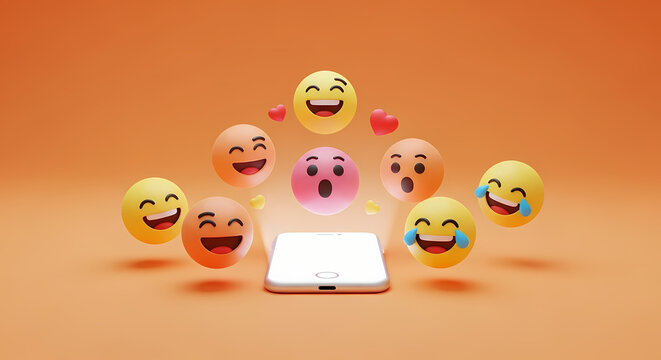 Emojis Floating Around Smartphone, Social Reactions
