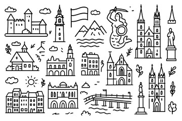 Polish Landmarks Doodle. Hand-drawn doodle illustration Polish landmarks Wawel castle, Krakow town hall, Warsaw mermaid, St.