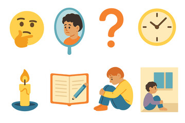 Obraz premium Self-Reflection Icons Grid. Flat vector mini-illustrations guilt and self-reflection in colors children's illustrations: thinking