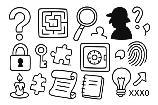 Mystery Puzzle Elements. Hand-drawn doodle illustration enigma mystery question mark, maze, magnifying glass, shadow, lock, key,