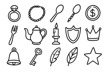 Silver Doodle Icons. Hand-drawn doodle illustration silver silver ring, necklace, bracelet, spoon, coin, fork, teapot, candlestick