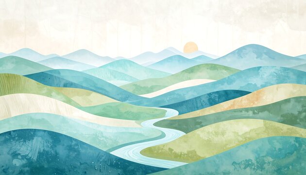 Pastel mountain landscape with a winding river - Powered by Adobe