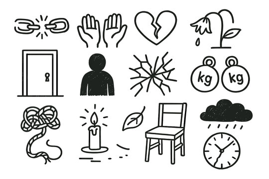 Symbolic Despair Icons. Hand-drawn doodle illustration helplessness broken chain, empty hands, cracked heart, wilting flower,