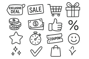 Shopping Sale Doodles. Hand-drawn doodle illustration exclusive deal price tag, sale banner, shopping cart, gift box, coins stack,