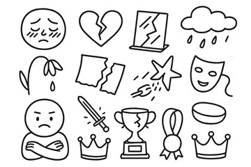 Symbols of Regret. Hand-drawn doodle illustration shame and regret blushing face, broken heart, cracked mirror, wilted flower,