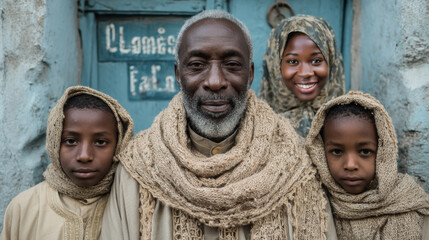 A warm chadian arabic family portrait showcasing culture and traditional attire in an outdoor setting