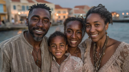Fototapeta premium Happy caribbean family smiling at seaside during sunset in historical town environment