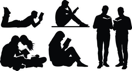 Silhouette Vector of People Reading Books in Relaxed and Focused Poses for Education, Study, Learning, and Leisure Concepts