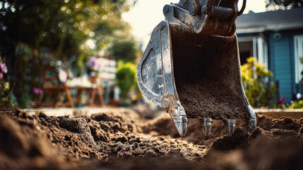 Excavator working on backyard landscaping project near residential home in bright daylight