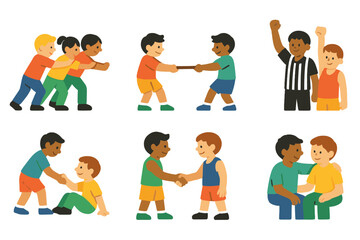 Teamwork and Sportsmanship Icons. Flat vector mini-illustrations fight teamwork in colors children's illustrations: group pushing,