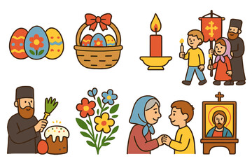 Fototapeta premium Orthodox Easter Icons. Flat vector mini-illustrations Orthodox Easter in colors children's illustrations: painted eggs, Easter