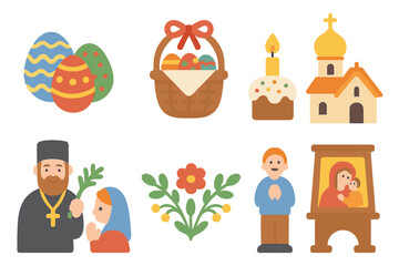 Fototapeta premium Orthodox Easter Icons. Flat vector mini-illustrations Orthodox Easter in colors children's illustrations: painted eggs, Easter