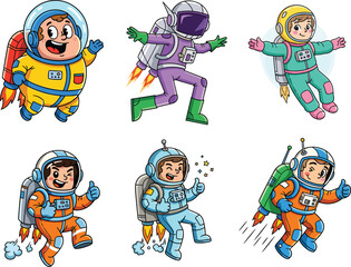 Cute cartoon astronaut kids in colorful space suits illustration set, cosmic adventure design for children’s book, nursery art, educational posters