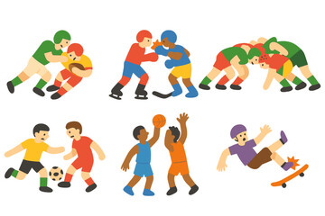 Sports Action Icons. Flat vector mini-illustrations sports collisions in colors children's illustrations: football tackle, hockey