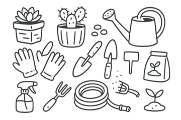 Obraz premium Outdoor Gardening Doodles. Hand-drawn doodle illustration Outdoor concrete planters and gardening concrete pot, succulent, cactus,