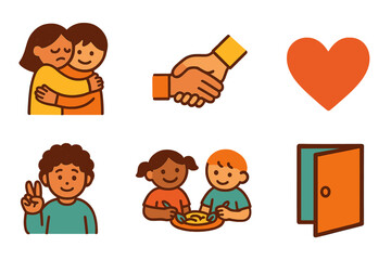 Supportive Icons for Kids. Flat vector mini-illustrations regret and support in colors children's illustrations: comforting hug,