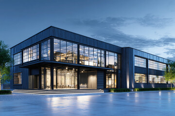 Obraz premium Sleek modern office complex exterior showcasing industrial elegance at dusk