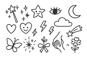 Fototapeta premium Whimsical Doodle Embrace. Hand-drawn doodle illustration winking magic wand, star, sparkle, wink eye, moon, cloud, lightning bolt,