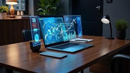 Futuristic digital interface displaying financial data on a modern office desk - Powered by Adobe