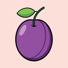 Illustration of a perfectly round plum with a leaf and stem