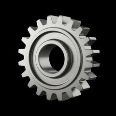 Close up of a metallic gear with interlocking teeth against a black background