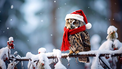 Festive owl perched on a snow-covered branch, wearing a Santa hat and scarf