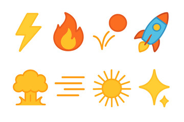 Fototapeta premium Playful Energy Icons. Flat vector mini-illustrations energy in colors children's illustrations: lightning bolt, flame, bouncing