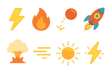Fototapeta premium Playful Energy Icons. Flat vector mini-illustrations energy in colors children's illustrations: lightning bolt, flame, bouncing