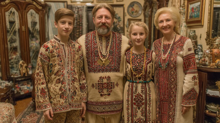 Naklejka premium Family dressed in traditional Ukrainian embroidered clothing in a cozy home setting