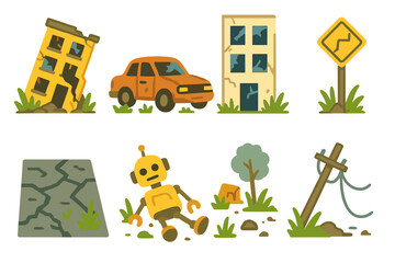 Fototapeta premium Post-Apocalyptic Icons. Flat vector mini-illustrations post-apocalyptic ruins in colors children's illustrations: collapsed