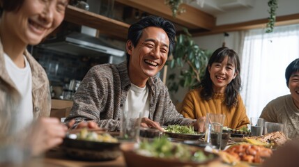 Happy japanese family enjoying eating healthy lunch together at home