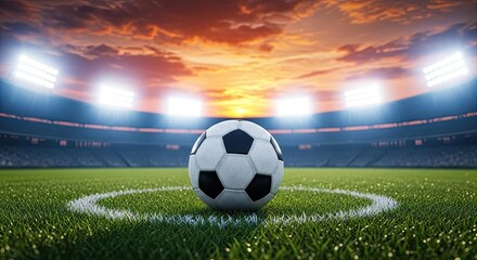 Photo of a soccer ball sits on the center spot of a vibrant green soccer field, illuminated by stadium lights under a colorful sunset sky
