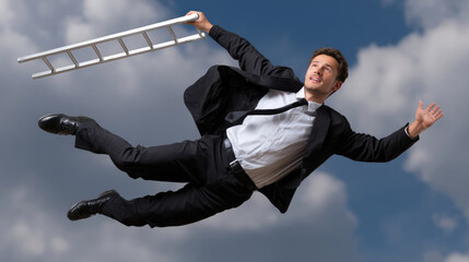 Falling Businessman A Man in Black Suit Plummets from Ladder Against Cloudy Sky