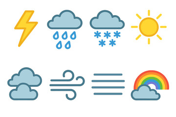 Obraz premium Weather Icons Grid. Flat vector mini-illustrations spire weather effects in colors children's illustrations: lightning strike,